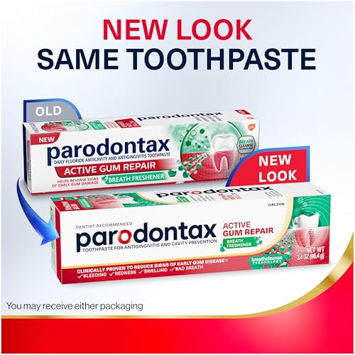 Parodontax Active Gum Repair with twice-daily use benefit illustration.