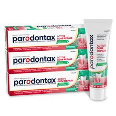 Parodontax Active Gum Repair Breath Freshener toothpaste tubes in a 3-pack for gum care and fresh breath.