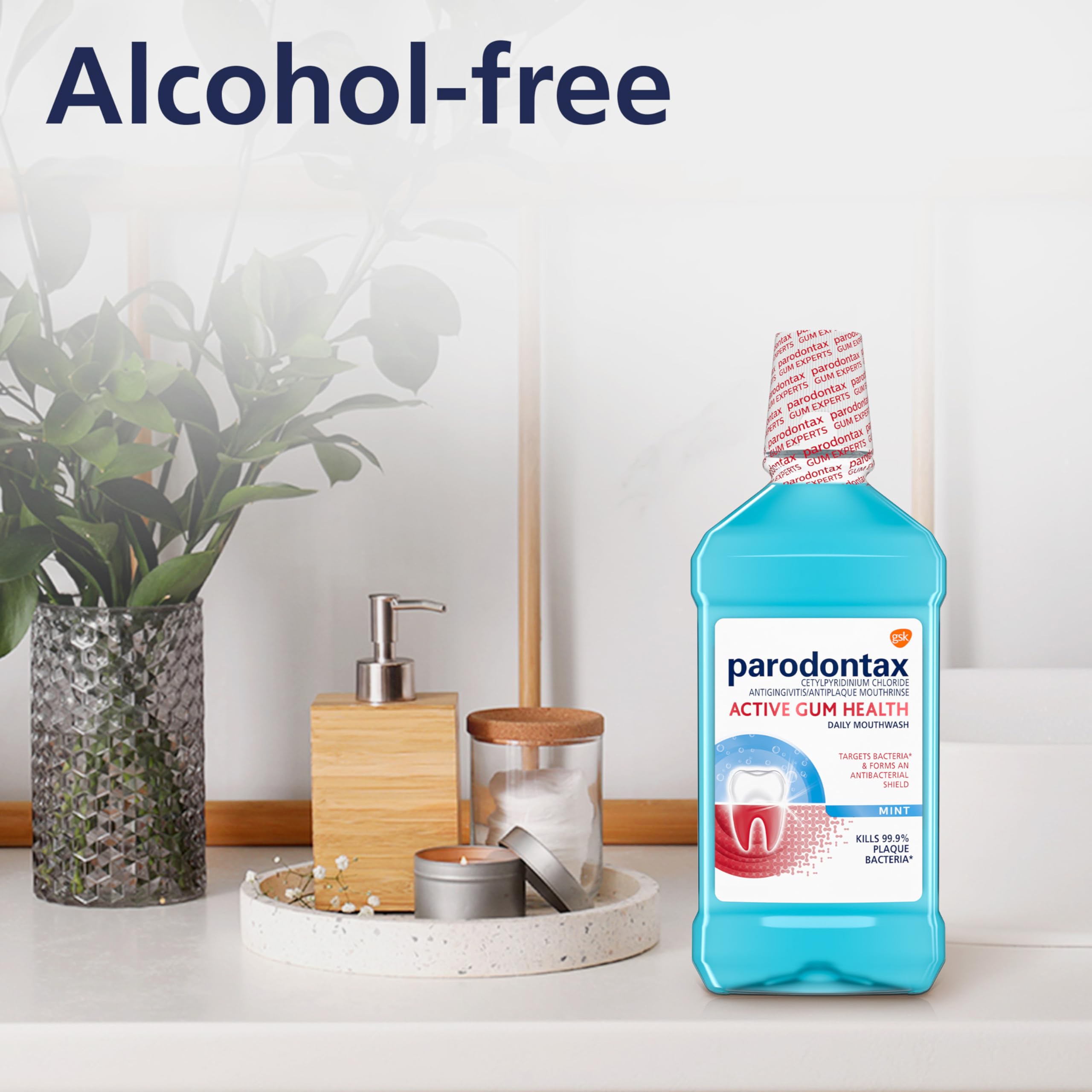 Alcohol-free Parodontax mouthwash formula in bottle.