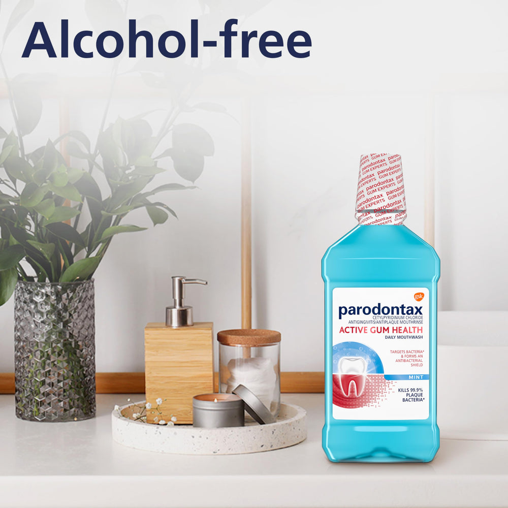 Alcohol-free Parodontax mouthwash formula in bottle.