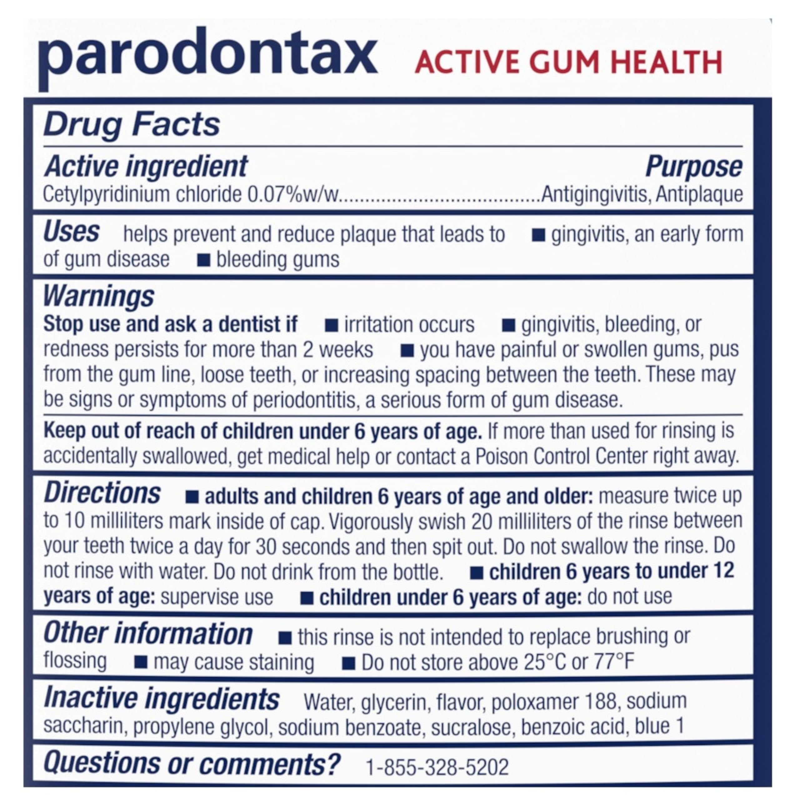 Daily-use instructions on Parodontax mouthwash label.