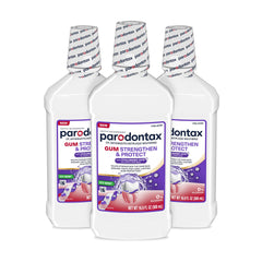 Parodontax ICY Mint mouthwash bottle demonstrates triple-pack value for daily gum protection.