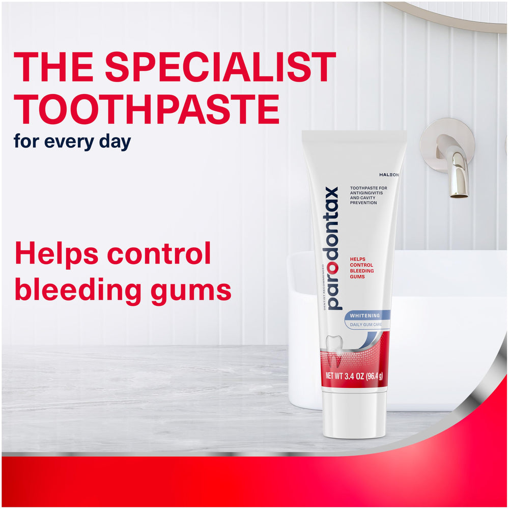 Three-tube Parodontax pack helps reduce plaque and support gingival health.
