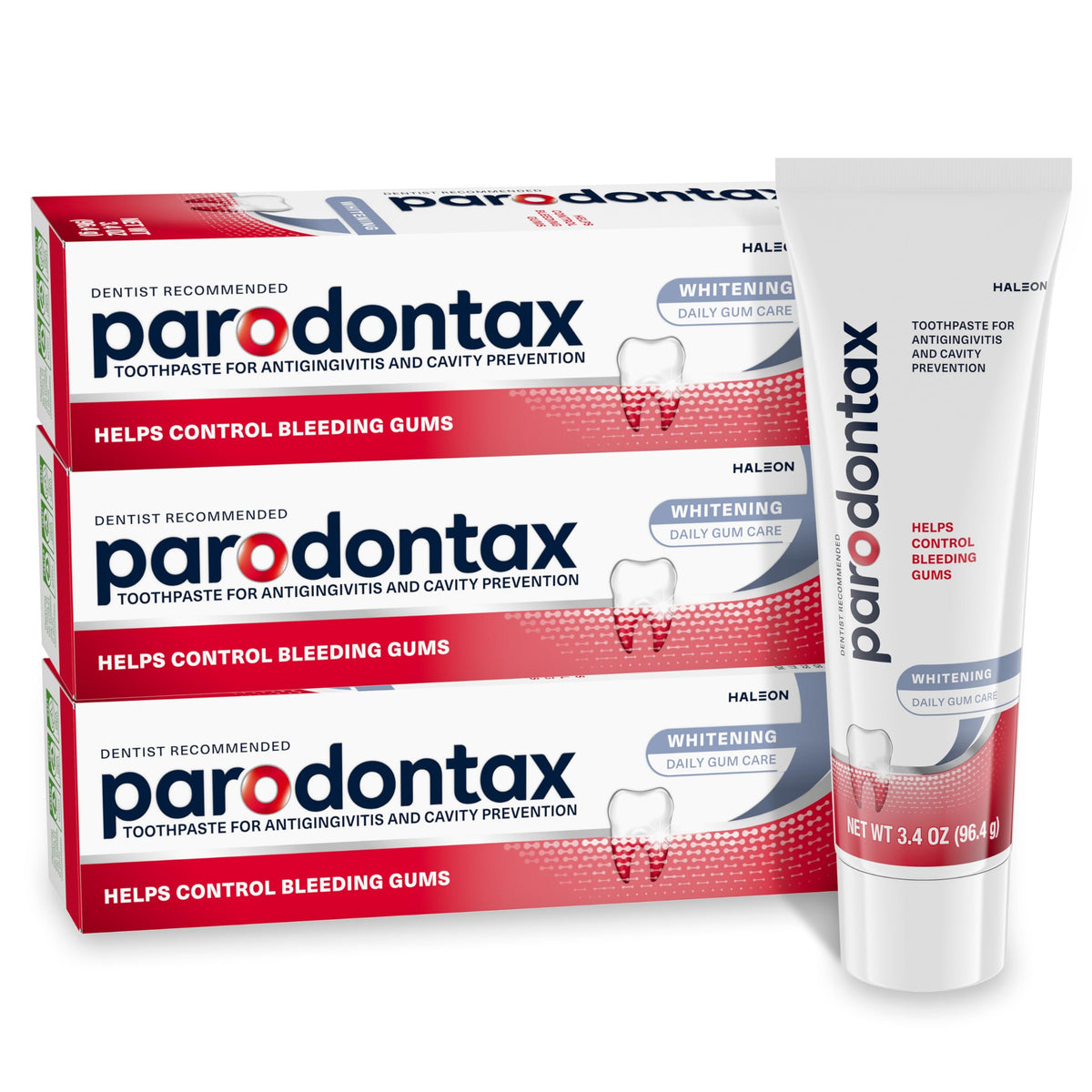 Parodontax teeth whitening toothpaste pack demonstrates three tubes for gum health.