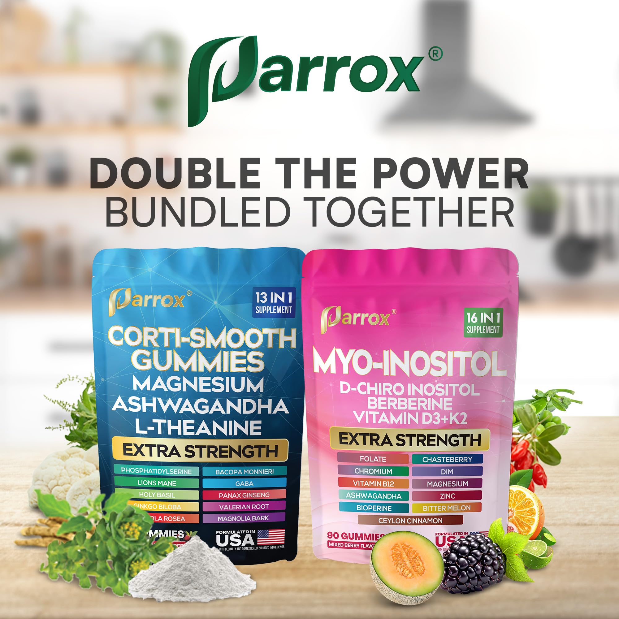 Parrox berberine and D-chiro-inositol gummies shown with herbal ingredients on label.