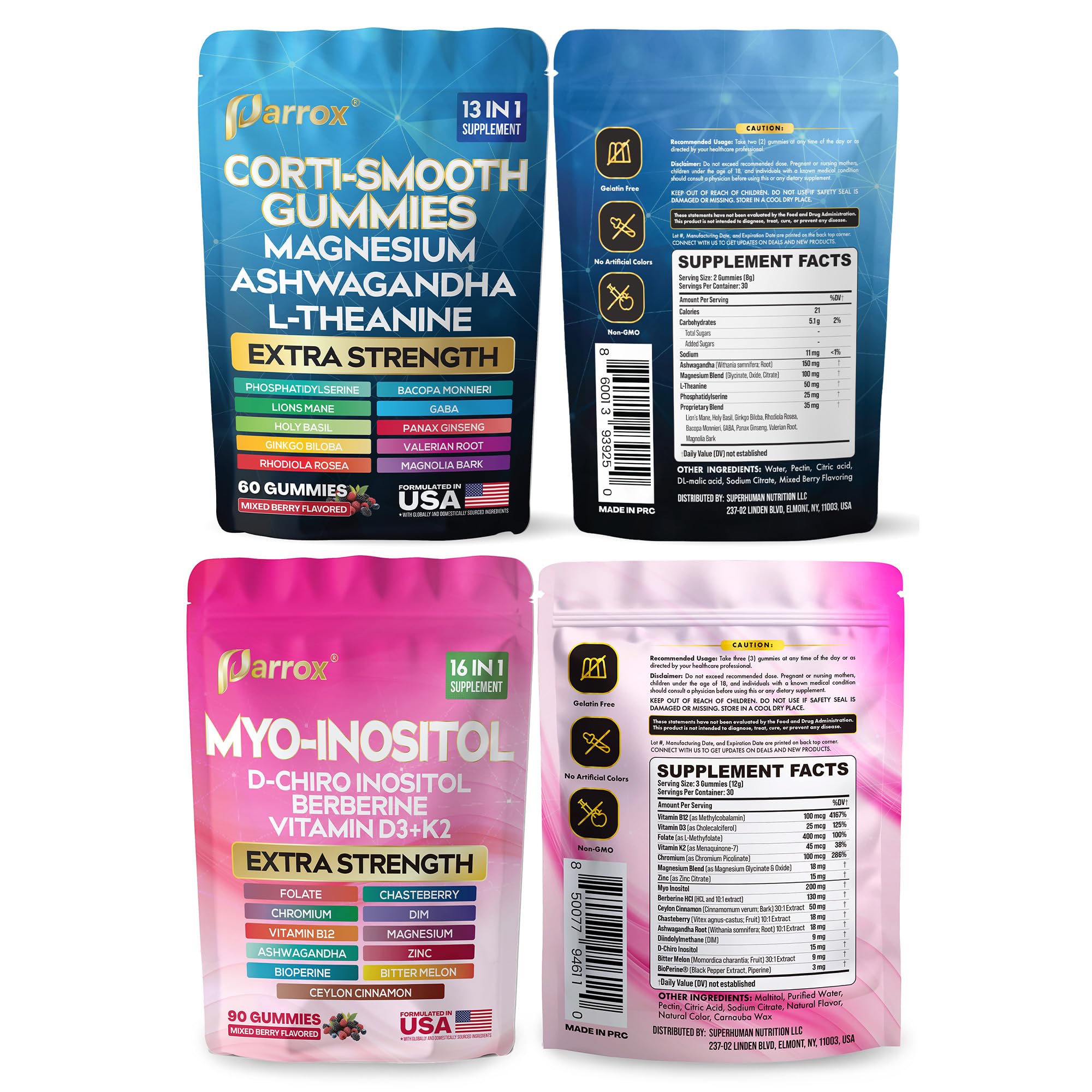 Parrox folate and omega-3 rhodiola gummies hinting at cognitive and vitality support.