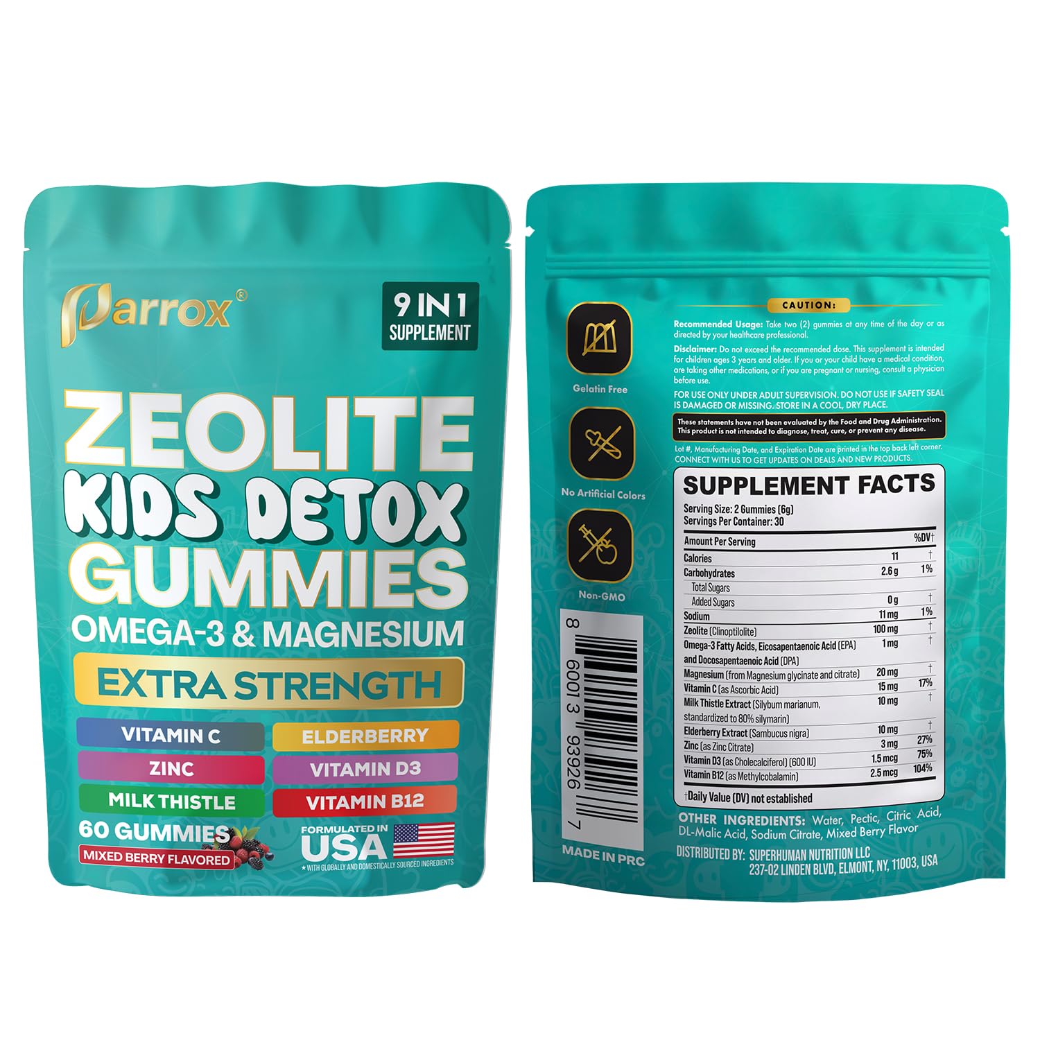 Parrox Zeolite Kids Gummies on a backpack, ideal for on-the-go snacking.