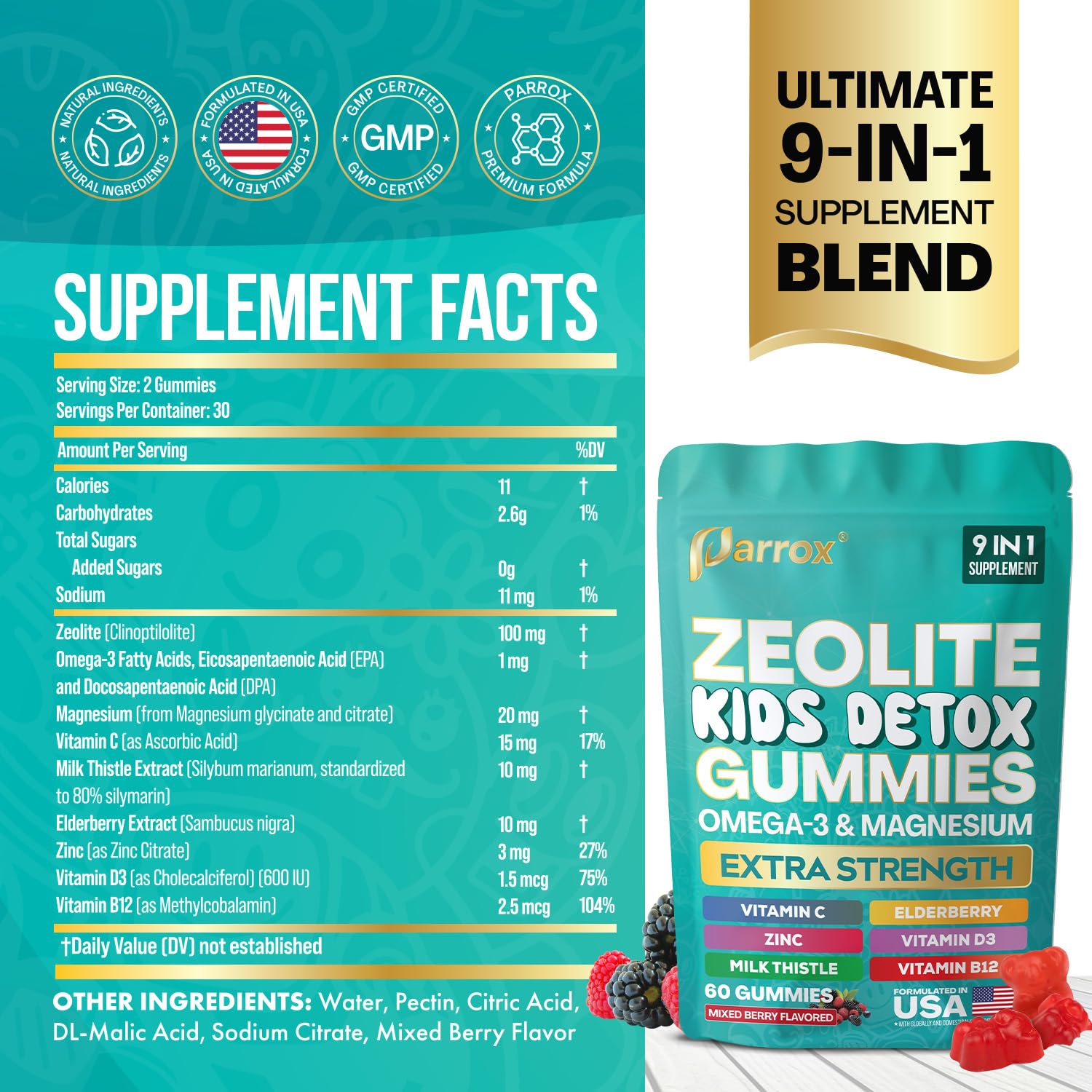 Parrox Zeolite Kids Gummies front bottle, easy daily dose for school days and travel.