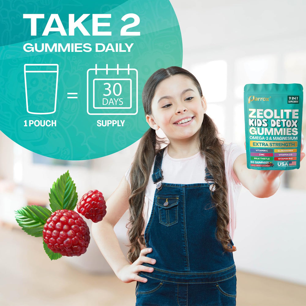 Parrox Zeolite Kids Gummies front label displaying omega-3 and vitamins in the blend.