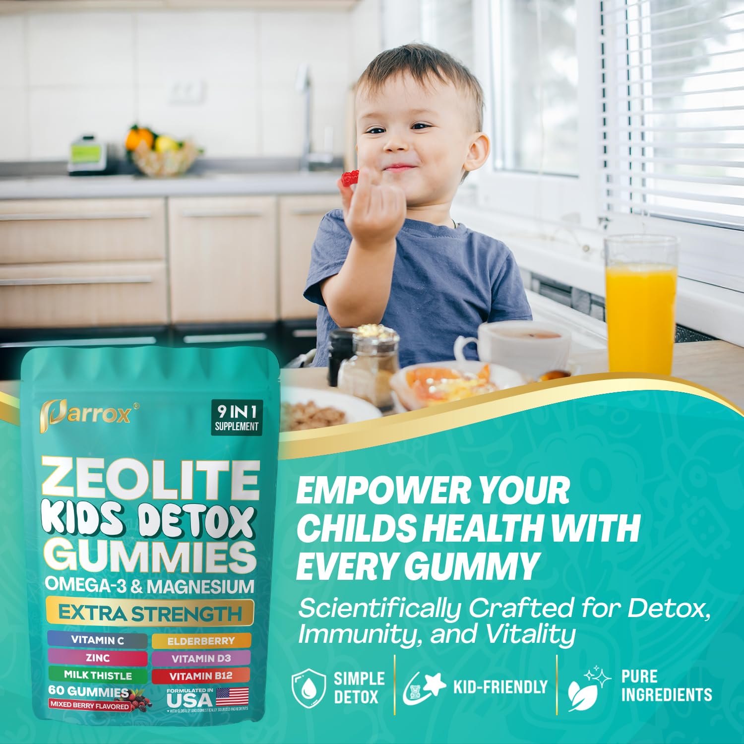 Parrox Zeolite Kids Gummies sugar-free label indicates clean nutrition for kids.