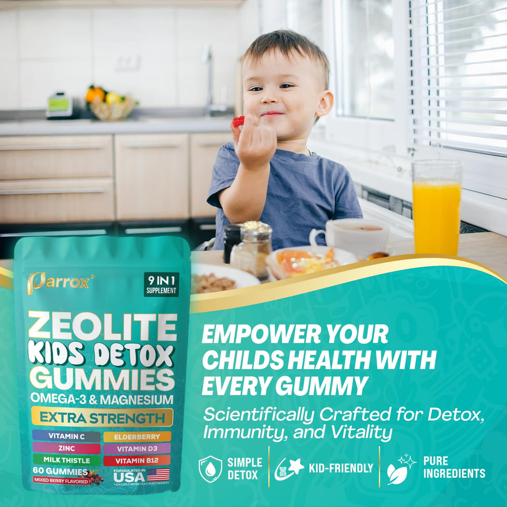 Parrox Zeolite Kids Gummies sugar-free label indicates clean nutrition for kids.