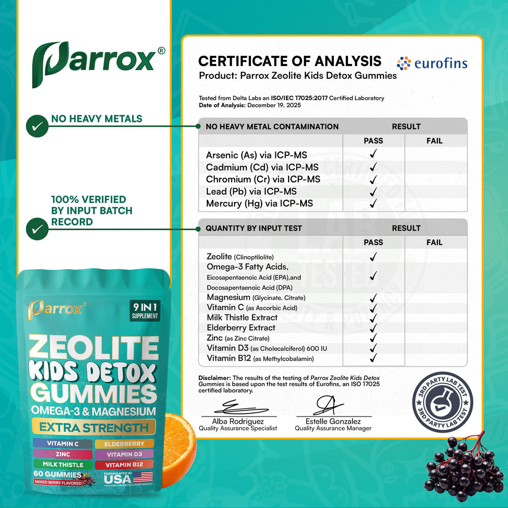 Parrox Zeolite Kids Gummies stack with other kid-friendly items for on-the-go nutrition.