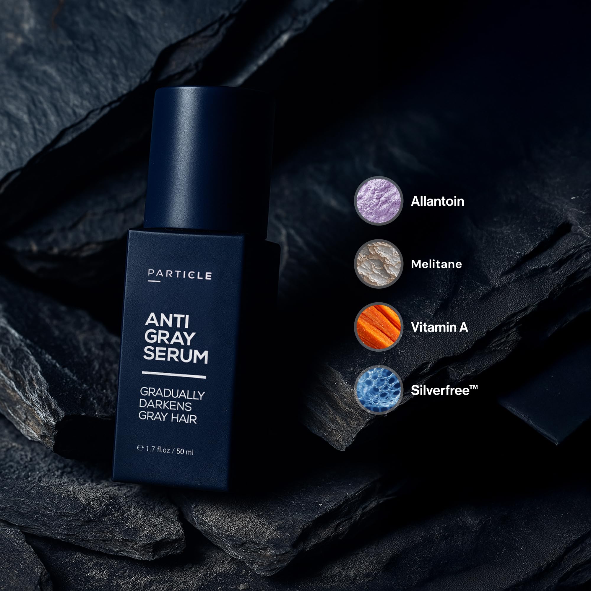Particle Anti-Gray Serum bottle close-up highlighting Silverfree peptide and premium ingredients