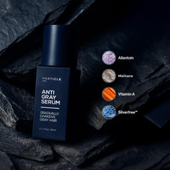 Particle Anti-Gray Serum bottle close-up highlighting Silverfree peptide and premium ingredients