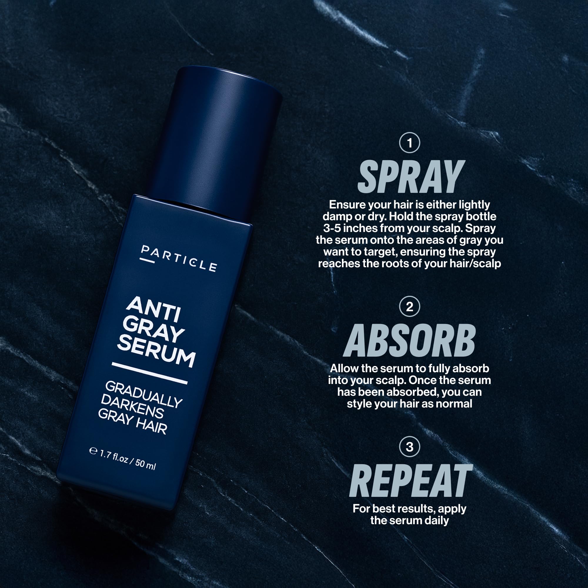 Particle Anti-Gray Serum packaging emphasizing daily use and masculine design