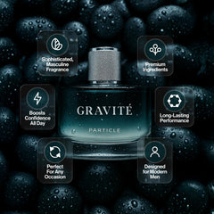 Particle Gravité bottle side view reveals elegant design ideal for travel.
