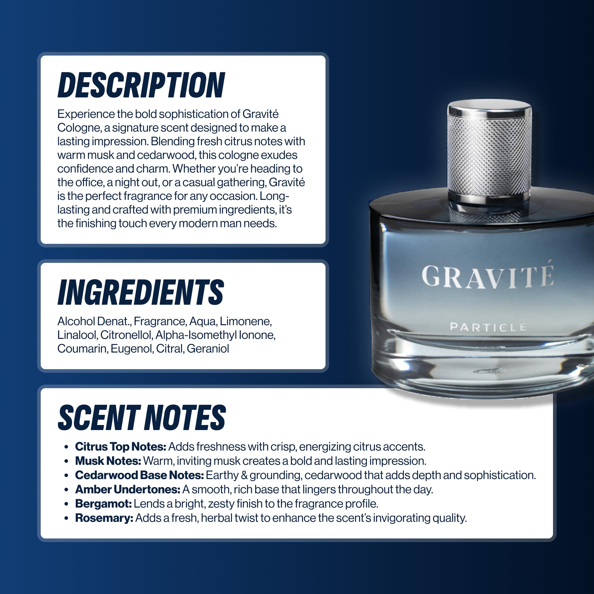 Particle Gravité notes visual reveal citrus and woody balance.