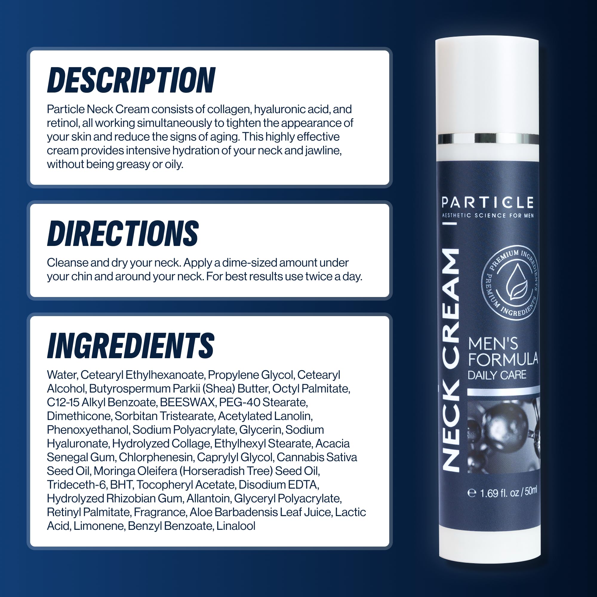 Particle Neck Cream ingredients highlighted, including collagen and hyaluronic acid.