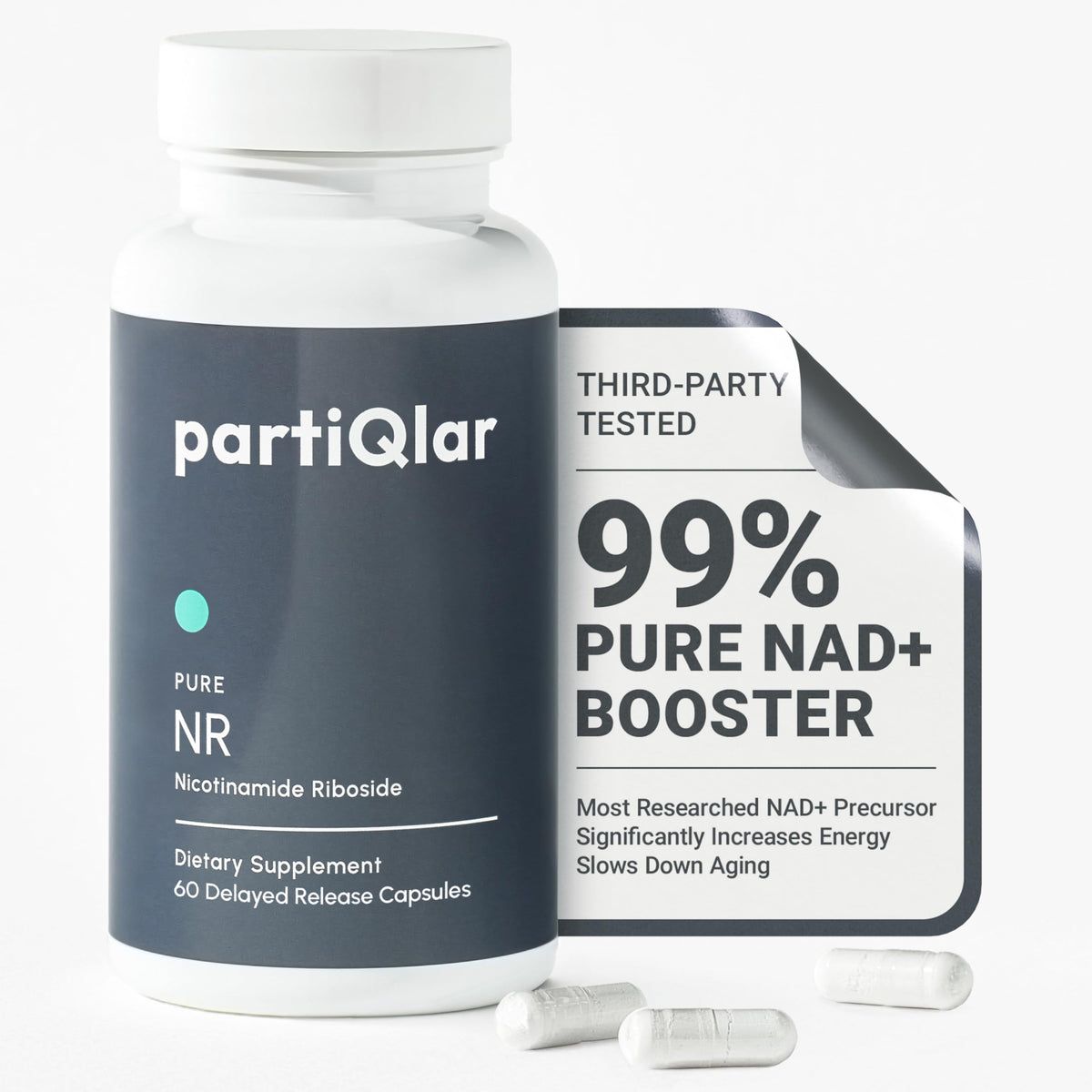 partiQlar NR bottle front with capsules for NAD+ support.