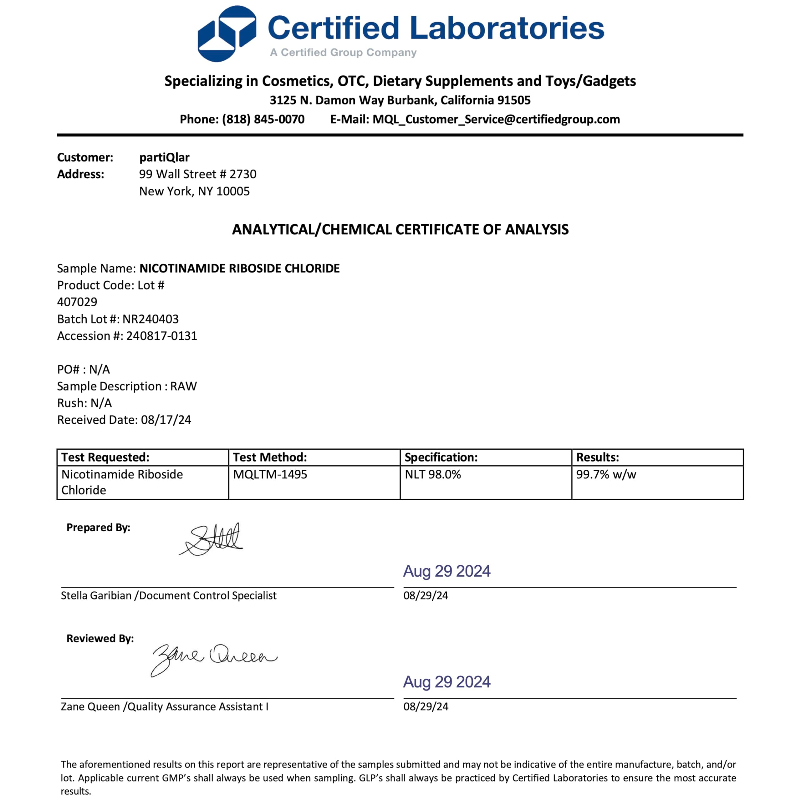 partiQlar NR label detail showing purity and compliance.