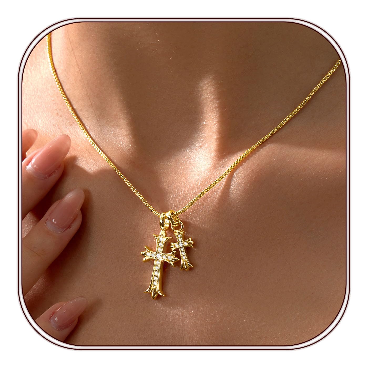 Partm Double Cross Necklace with a delicate round box chain and sparkling cross pendant.
