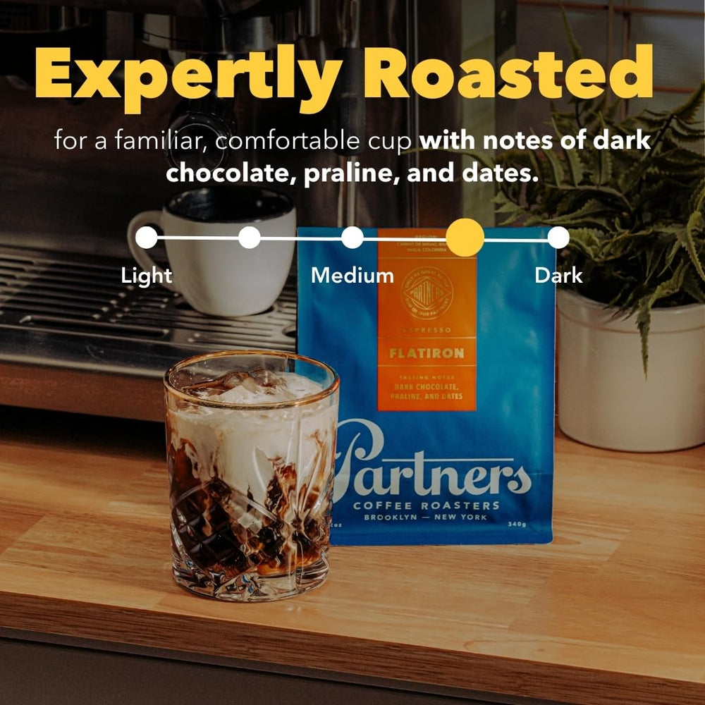PARTNERS COFFEE ROASTERS Flatiron Blend espresso pour highlights rich chocolate notes for espresso lovers.