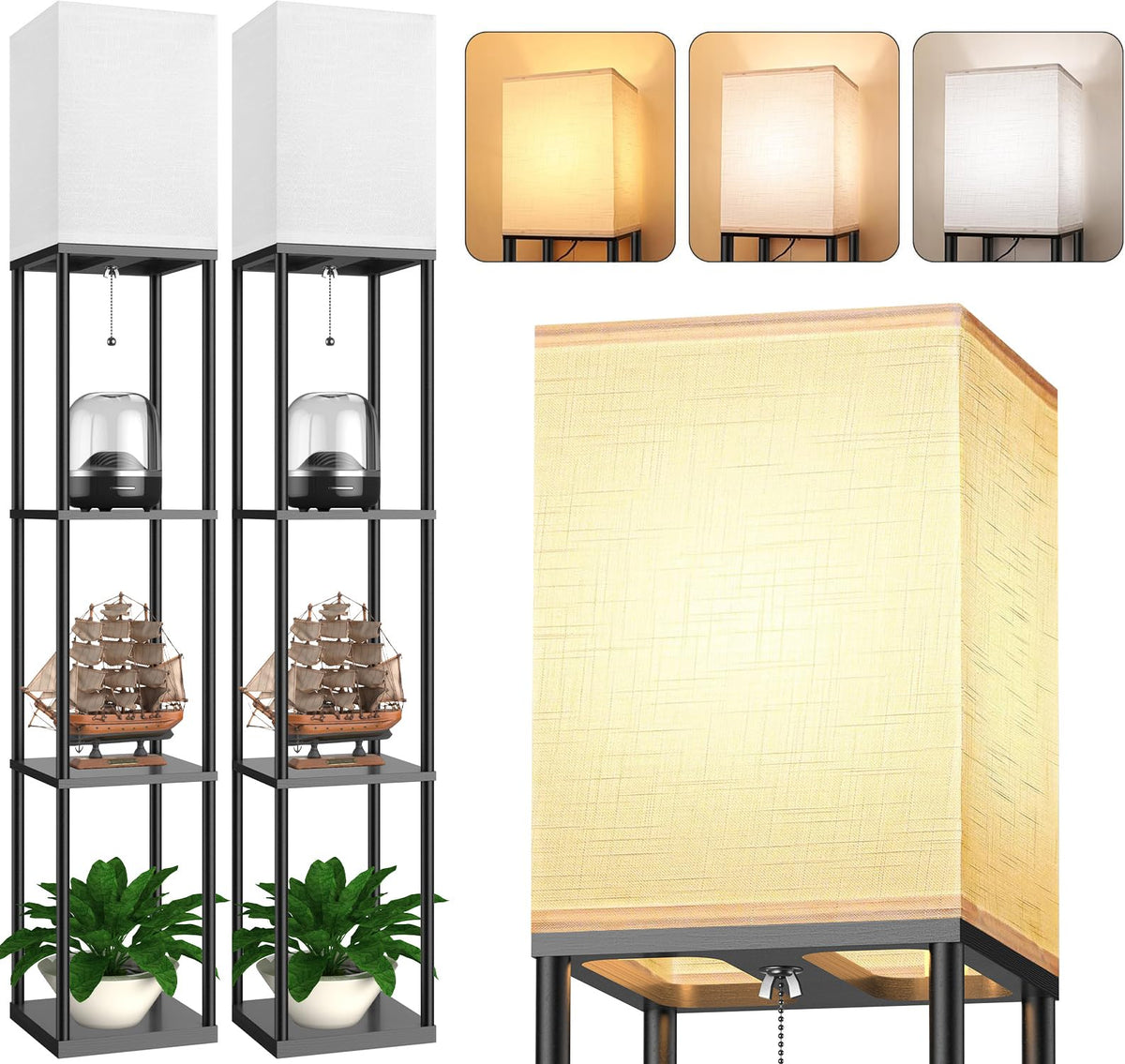 PARTPHONER floor lamp with shelves open top brightens living spaces.