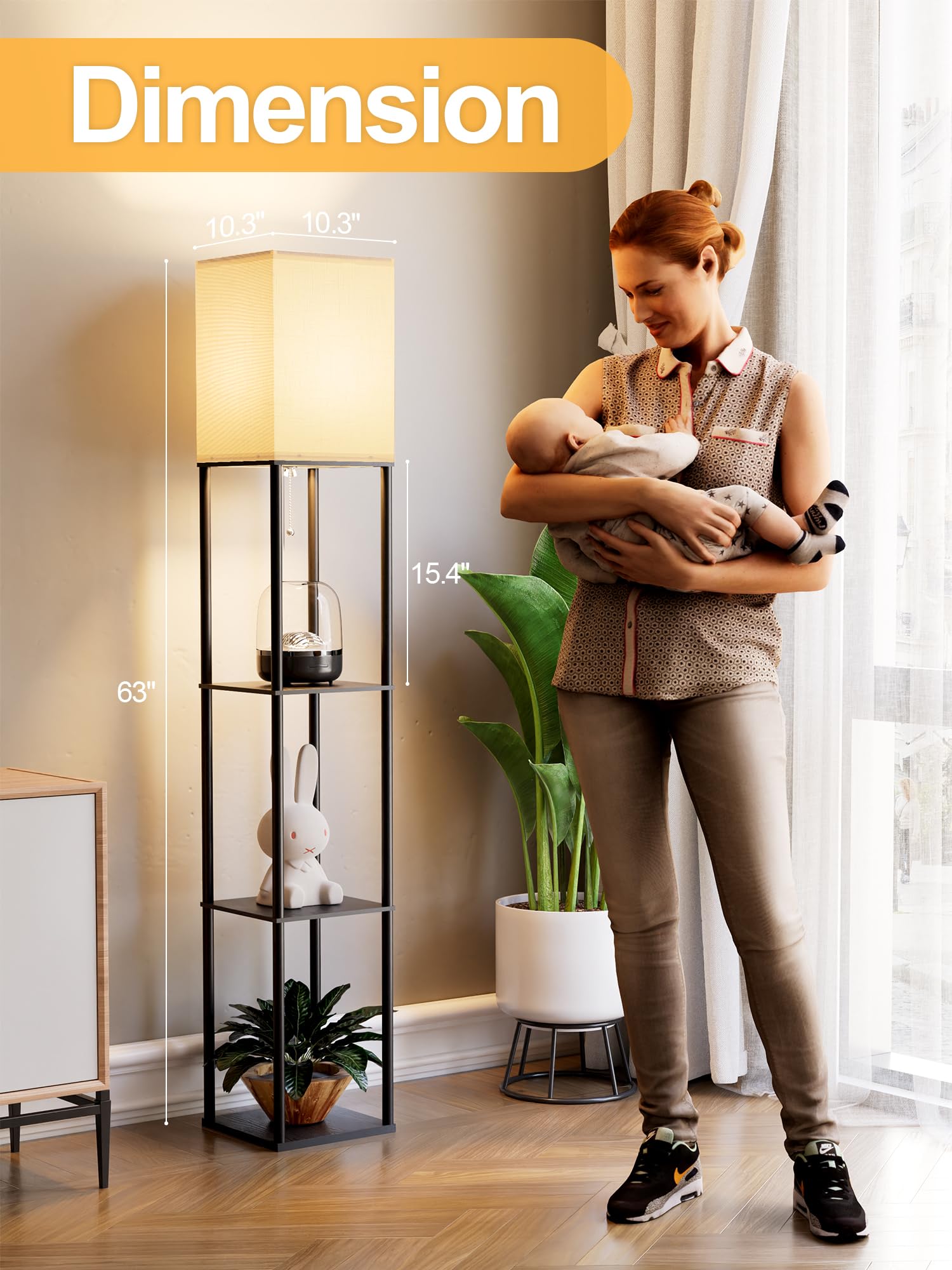 Three-tier shelves hold books, plants, and decor within reach.