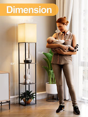 Three-tier shelves hold books, plants, and decor within reach.