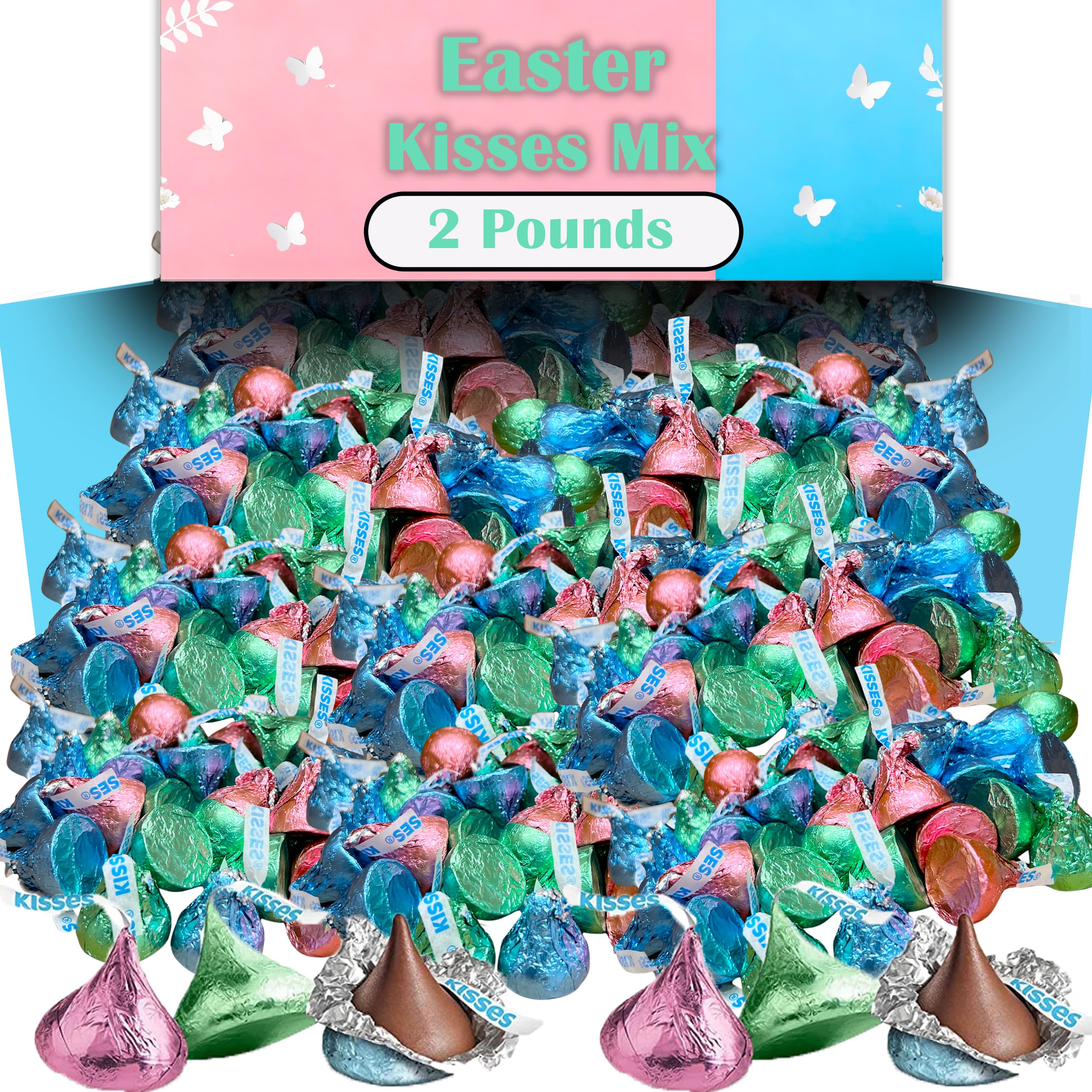 Partypom Hershey Easter Kisses in pastel foil wraps, ideal for Easter baskets and sharing.