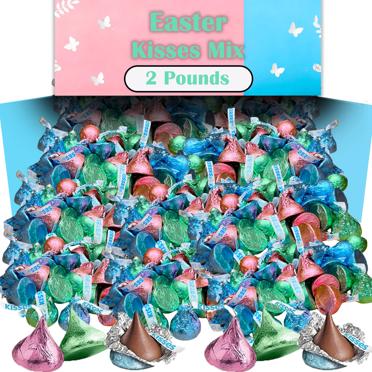 Partypom Hershey Easter Kisses in pastel foil wraps, ideal for Easter baskets and sharing.