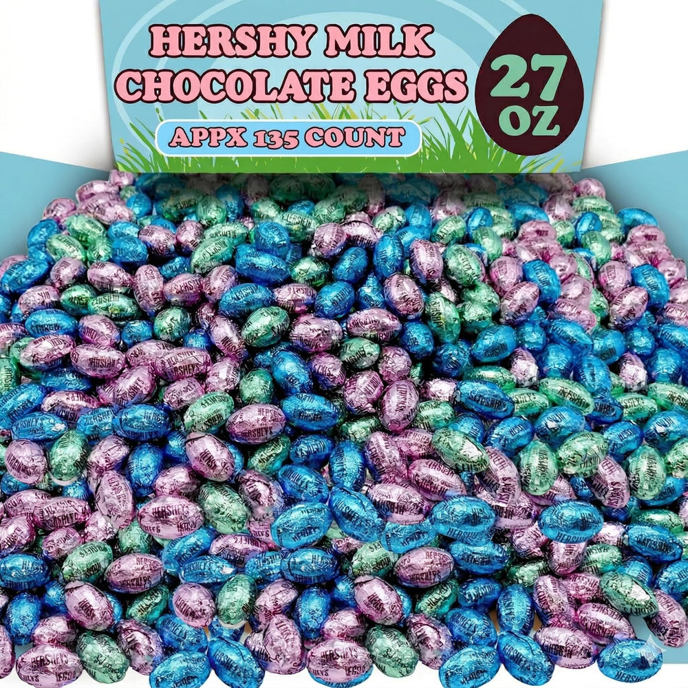 Partypom Hershey Milk Chocolate Eggs in pastel wrappers, ideal for Easter baskets and party favors.