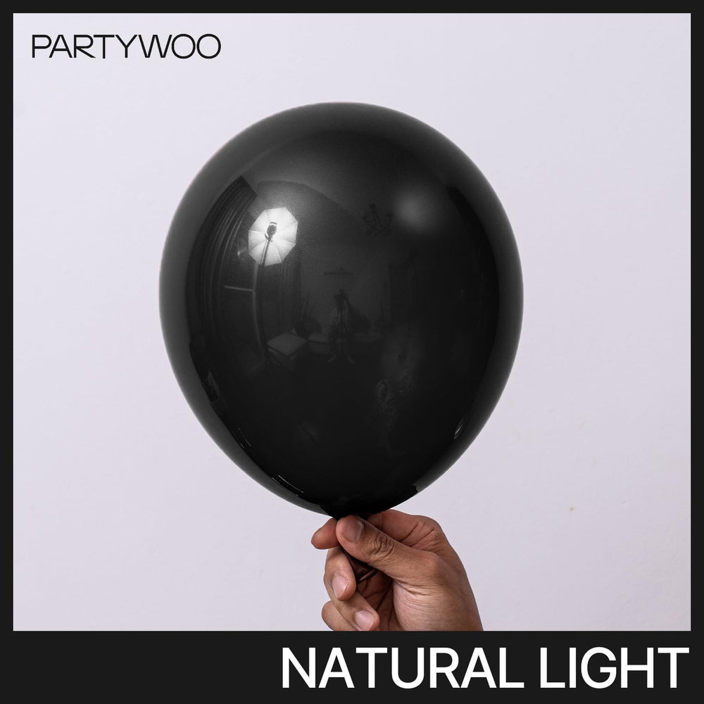 PartyWoo black balloons 12-inch set for easy balloon garlands and vibrant party decor.