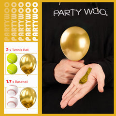 PartyWoo metallic gold balloons closeup: shimmering latex texture with premium chrome sheen