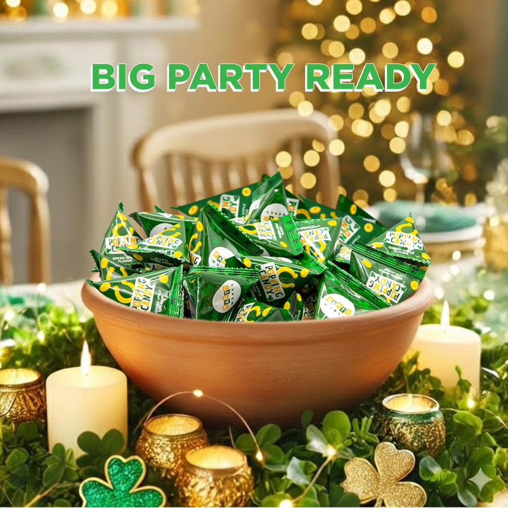 PartyWorks green popping rocks lend motion and sound to shamrock-themed tables