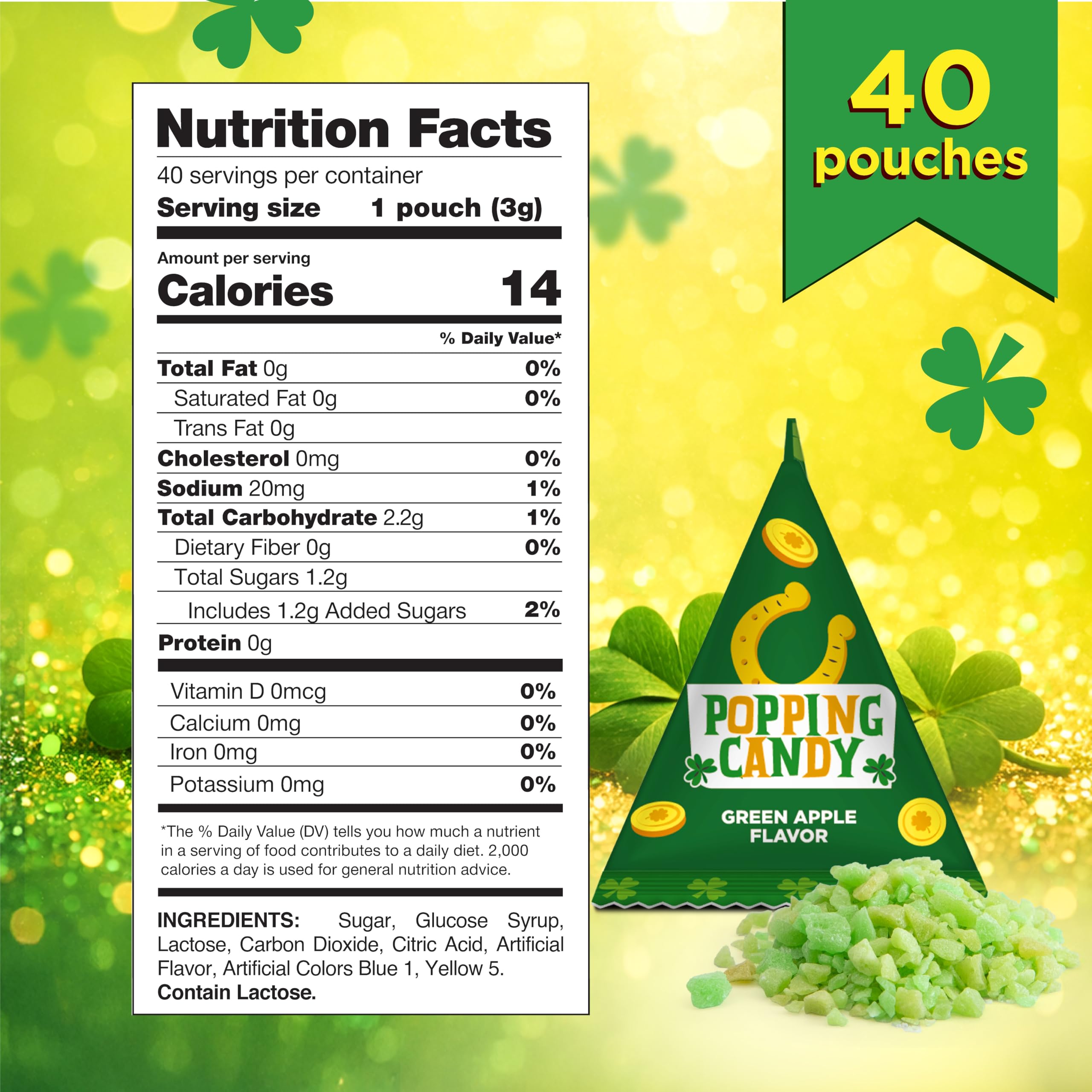 PartyWorks Sour Green Apple Popping Rocks bag highlighting tangy flavor and crunchy fizz