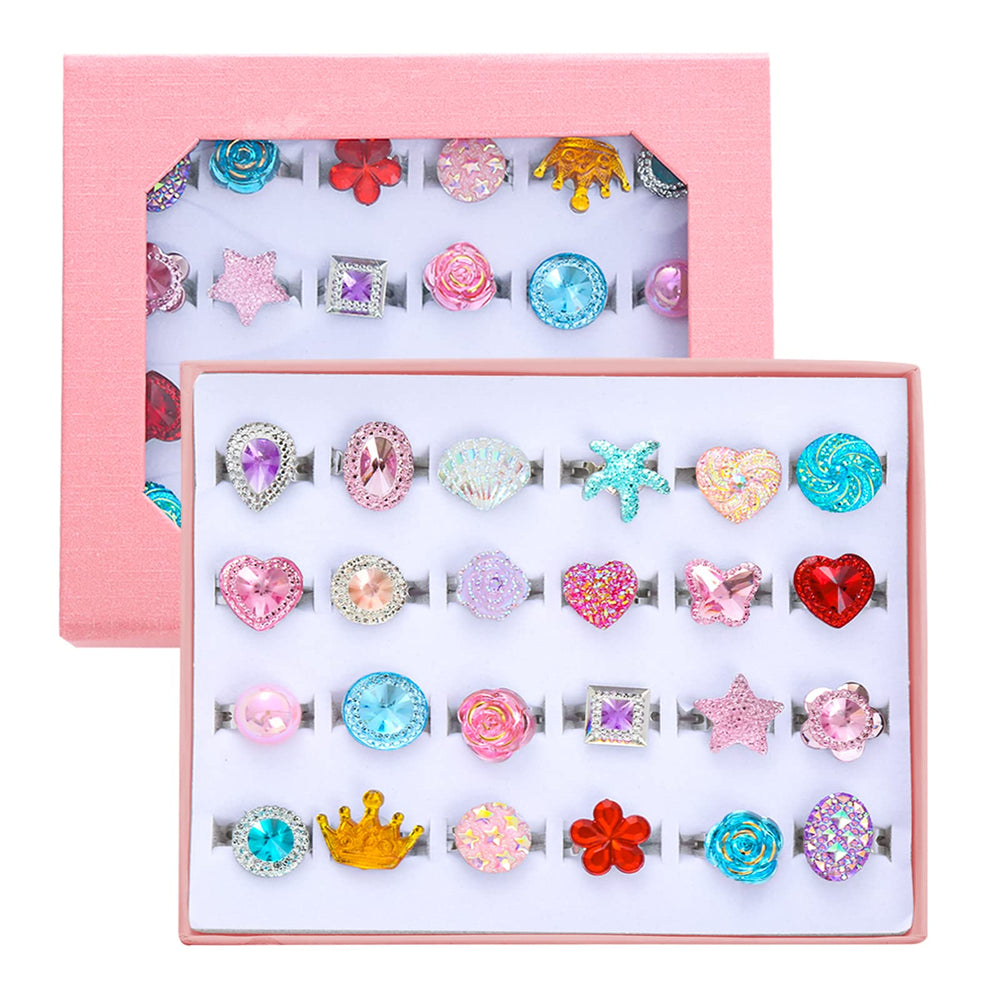 PASEMM 24-piece little girl rings in a pink gift box, ideal for birthdays.