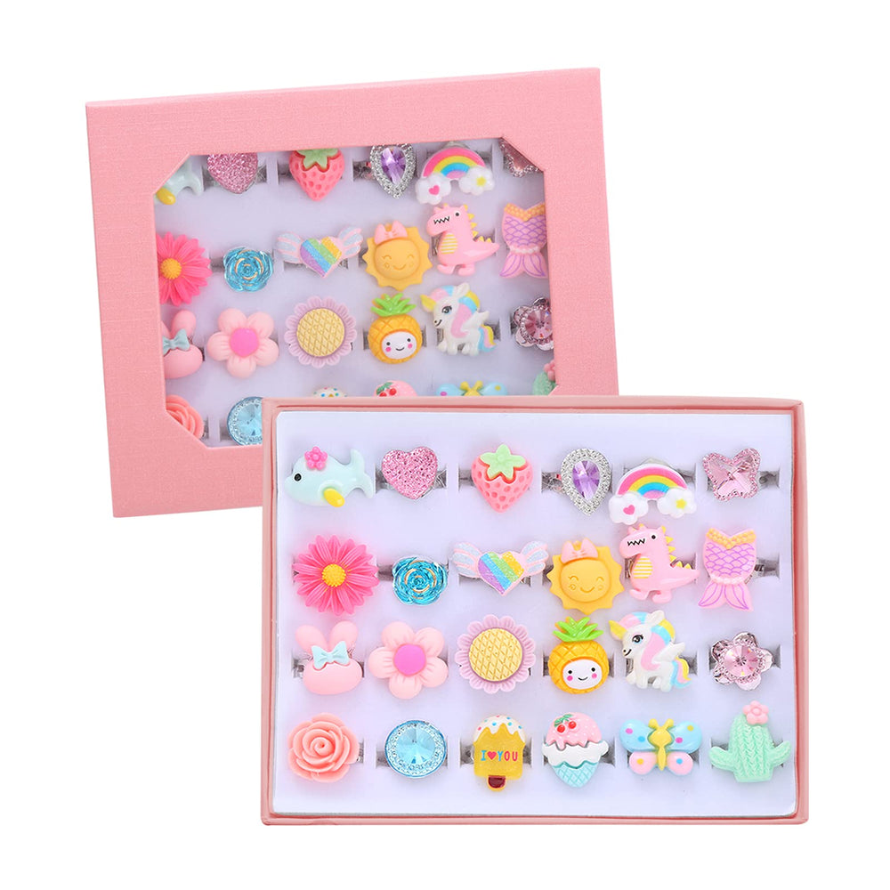 PASEMM 24pcs little girl rings displayed in a pink gift box for birthday surprises and dress-up play.