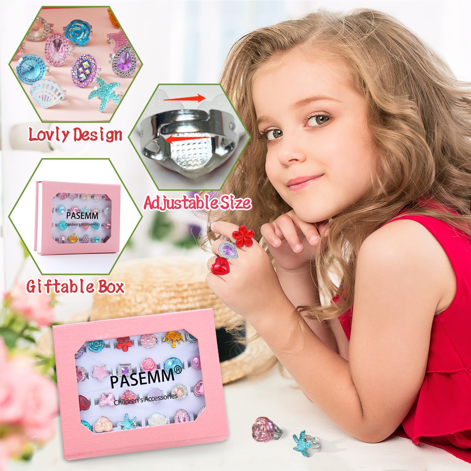 PASEMM unique design rings, no duplicates, vibrant colors for pretend play.