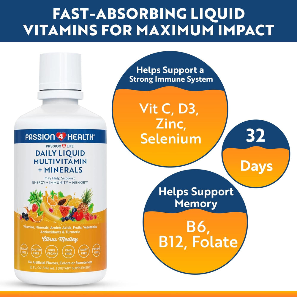 Passion 4 Life daily liquid multivitamin pour shot demonstrates convenient one-ounce serving