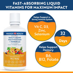 Passion 4 Life daily liquid multivitamin pour shot demonstrates convenient one-ounce serving