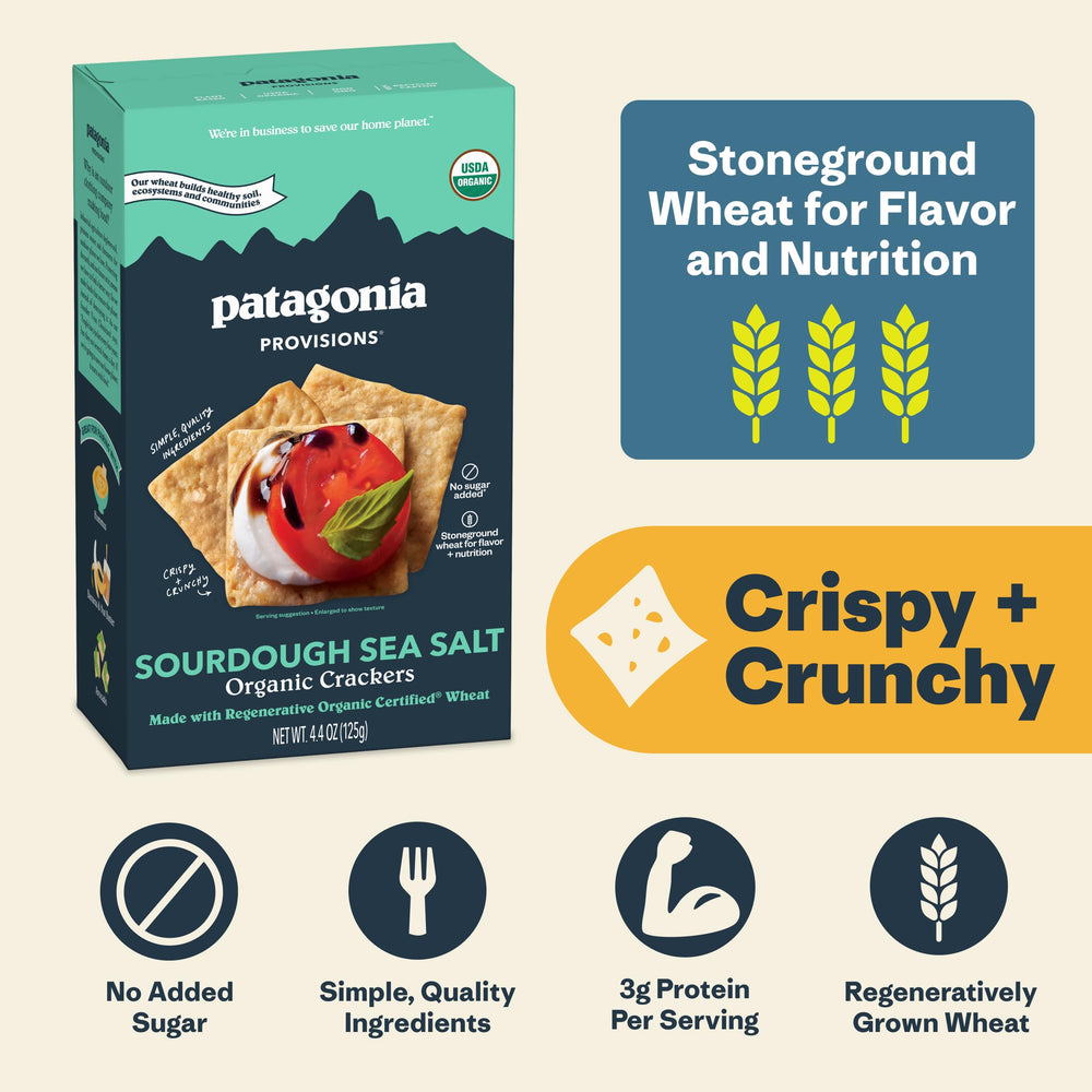 Patagonia Provisions crackers ingredients note showing simple organic wheat and sea salt.