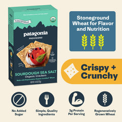 Patagonia Provisions crackers ingredients note showing simple organic wheat and sea salt.