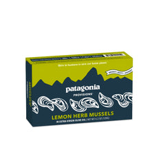 Patagonia Provisions Lemon Herb Mussels in can showing bright citrus and ocean flavor