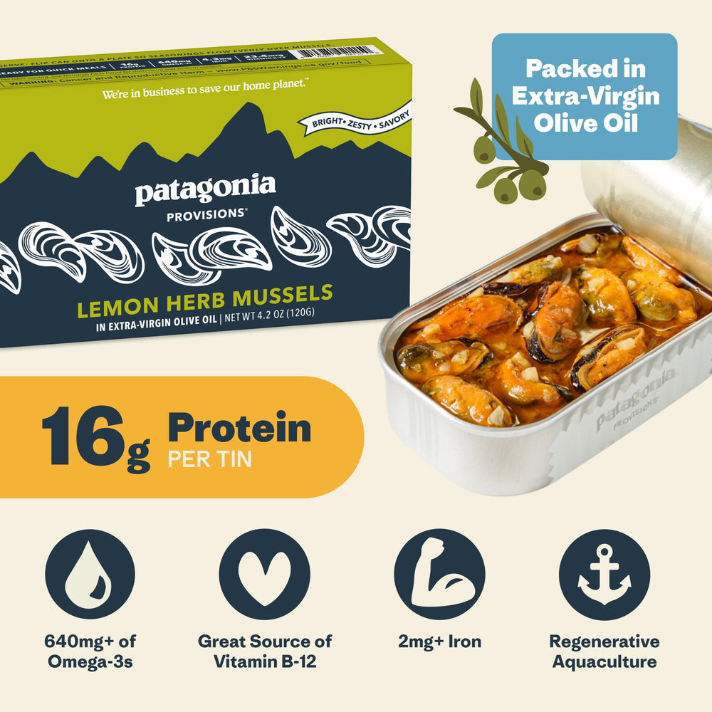Patagonia Provisions Mussels in EVOO highlighting savory oil and lemon zest