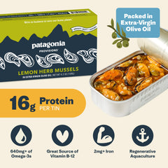 Patagonia Provisions Mussels in EVOO highlighting savory oil and lemon zest