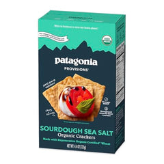 Patagonia Provisions organic sourdough sea salt crackers pack displaying a crisp, wholesome snack.
