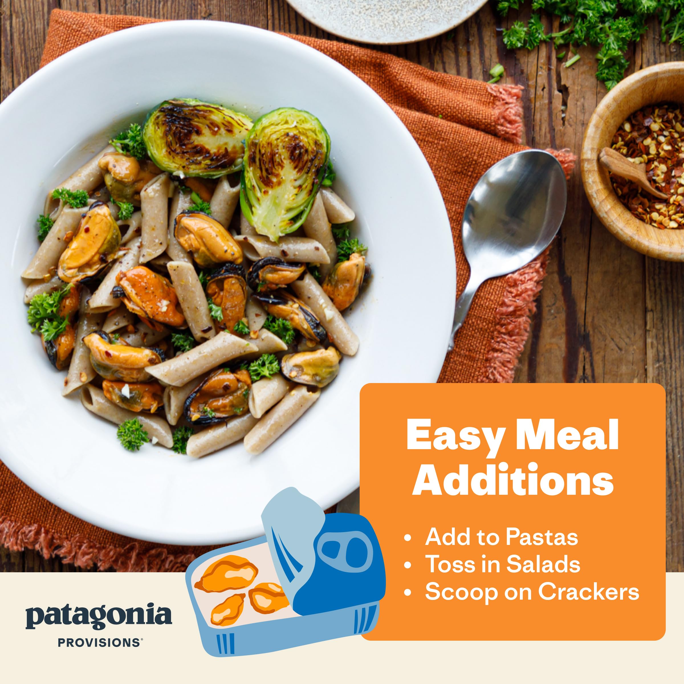 Patagonia Provisions Spicy Mussels can placed on a table for snacking