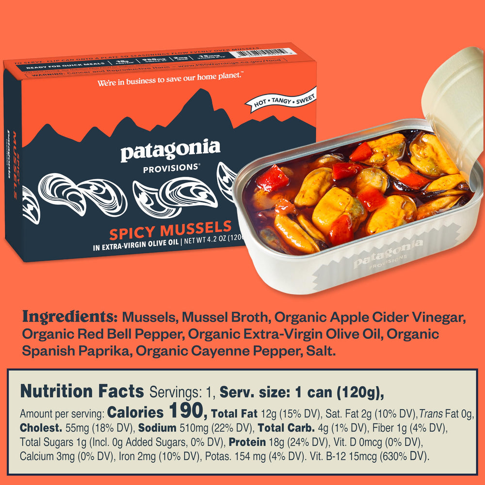 Patagonia Provisions Spicy Mussels served on crackers with cream cheese