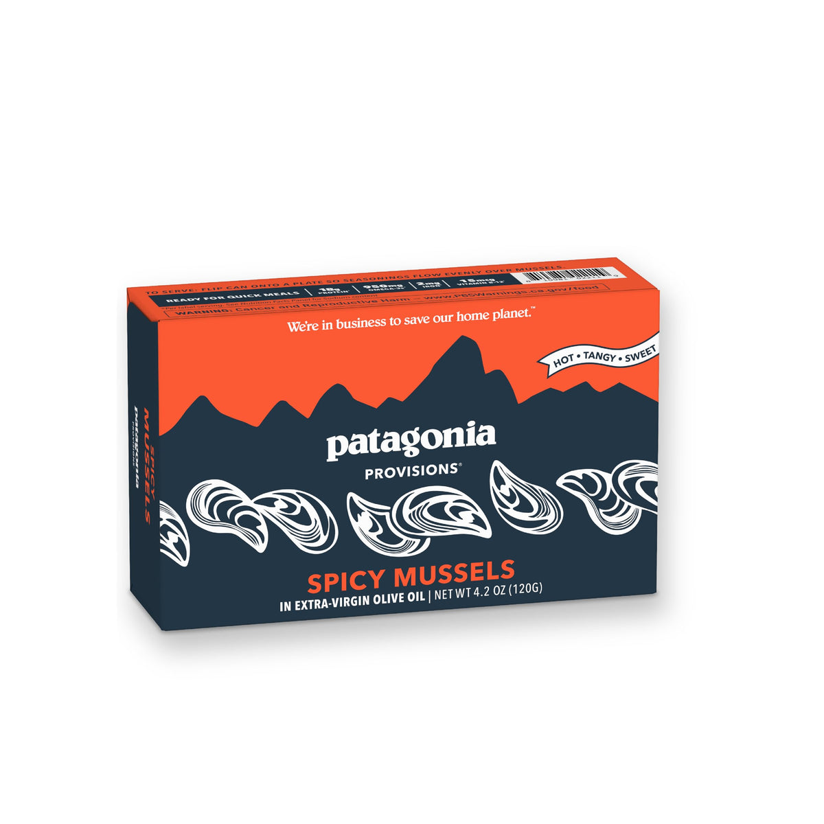 Patagonia Provisions Spicy Mussels label close-up highlighting bold flavor